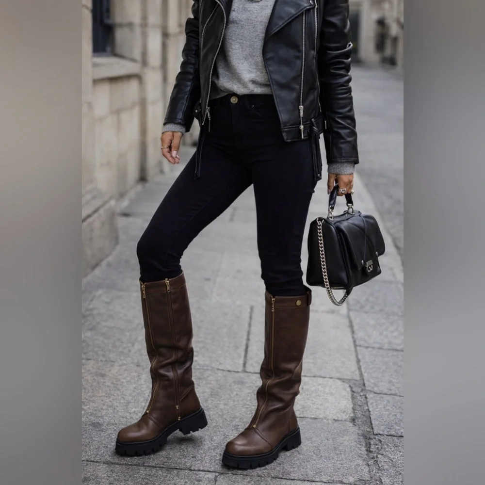 Brown Knee-High Boots with Black Soles bulky fun brown boots - Picture 8 of 13